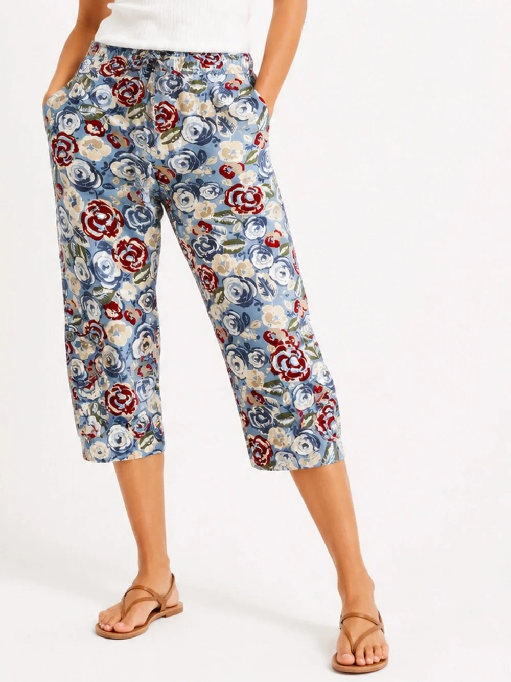 GV Elastic Waist Blue Floral Cropped Cargo Pants Lightweight Cotton Capris - Picture 1 of 14